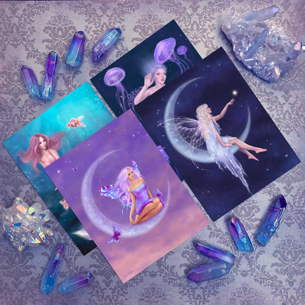 Set of 4 Moon Fairy & Mermaid Postcards